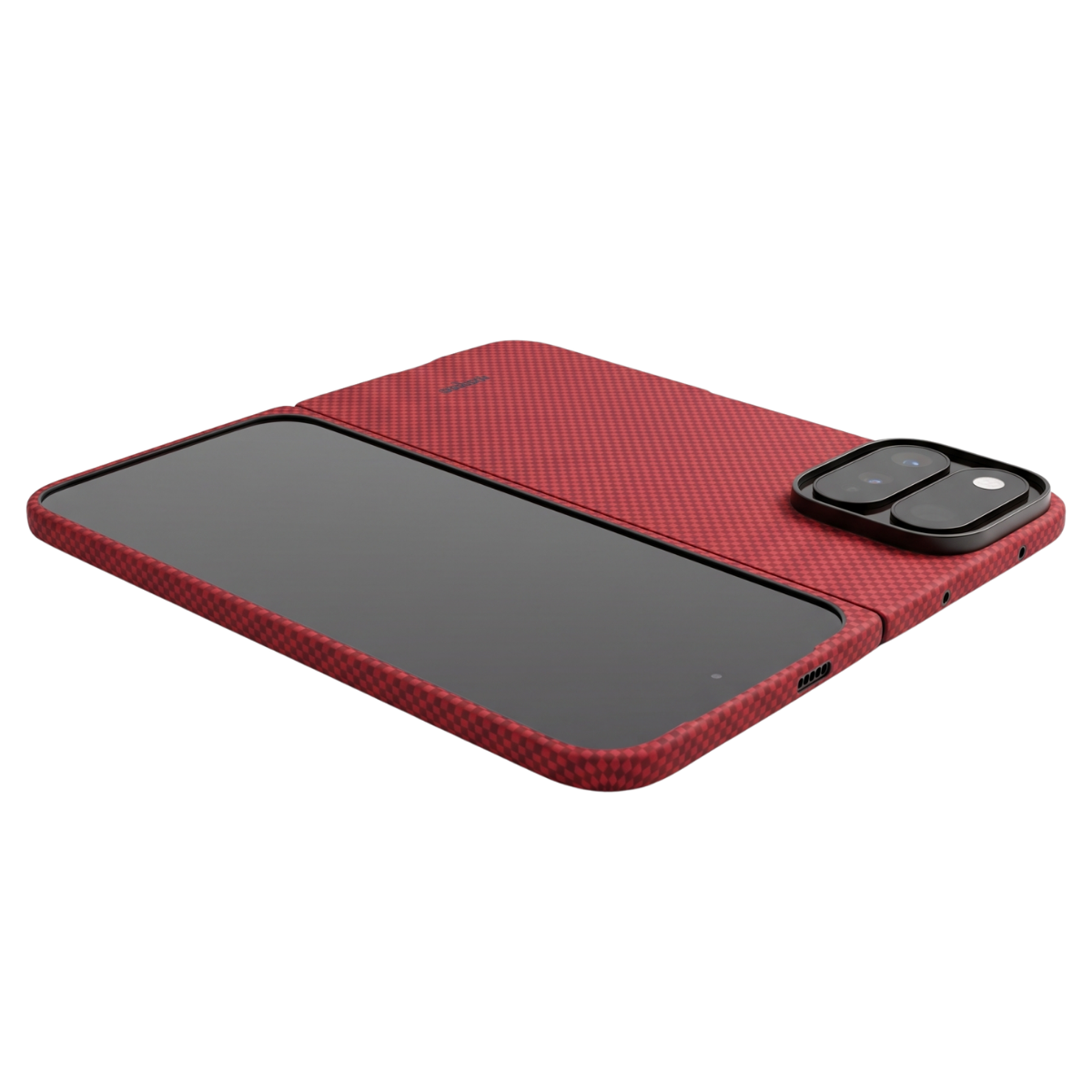 close shot of red pixel 11 pro fold case on the phone unfolded.