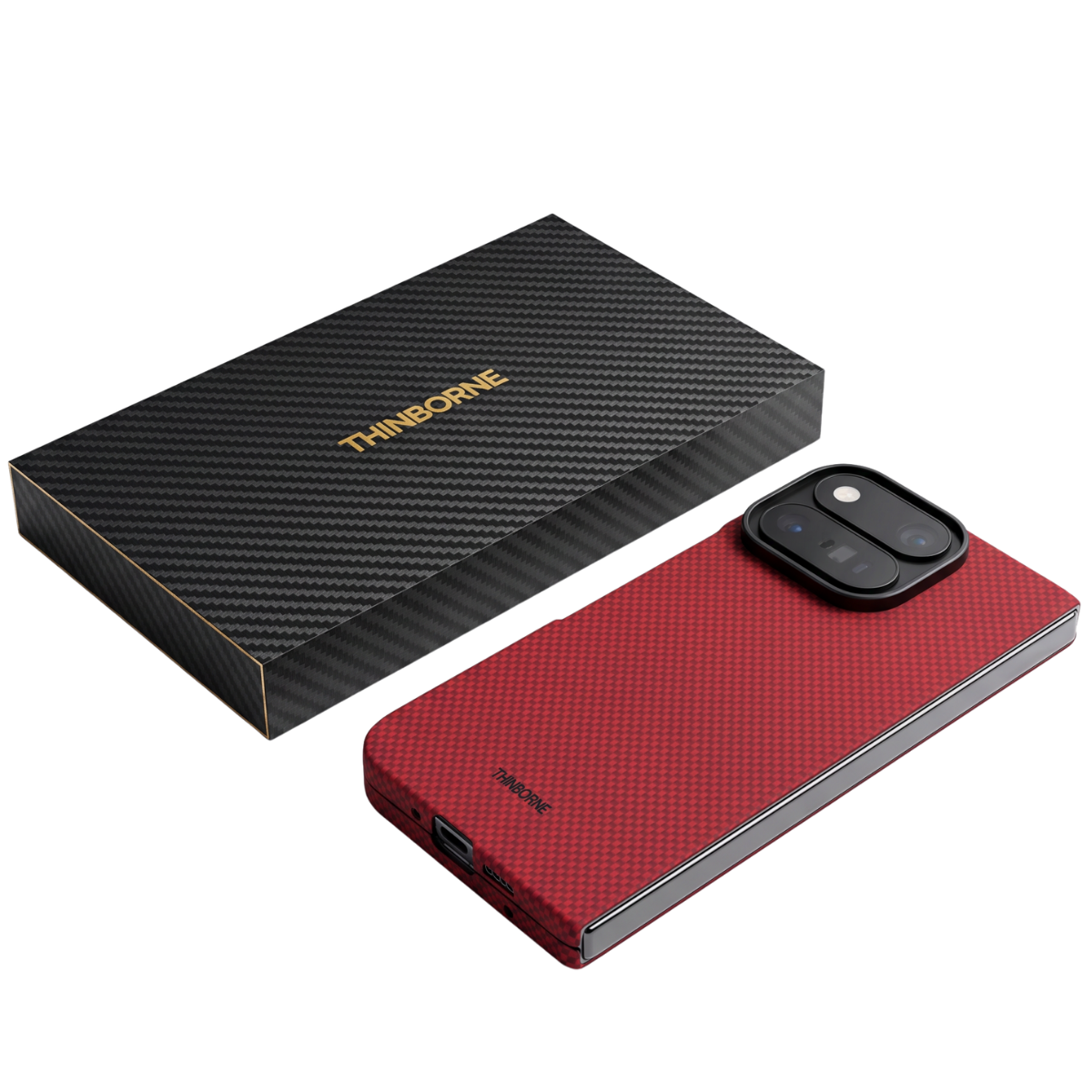 pixel 11 pro fold with red aramid fiber case next to a box