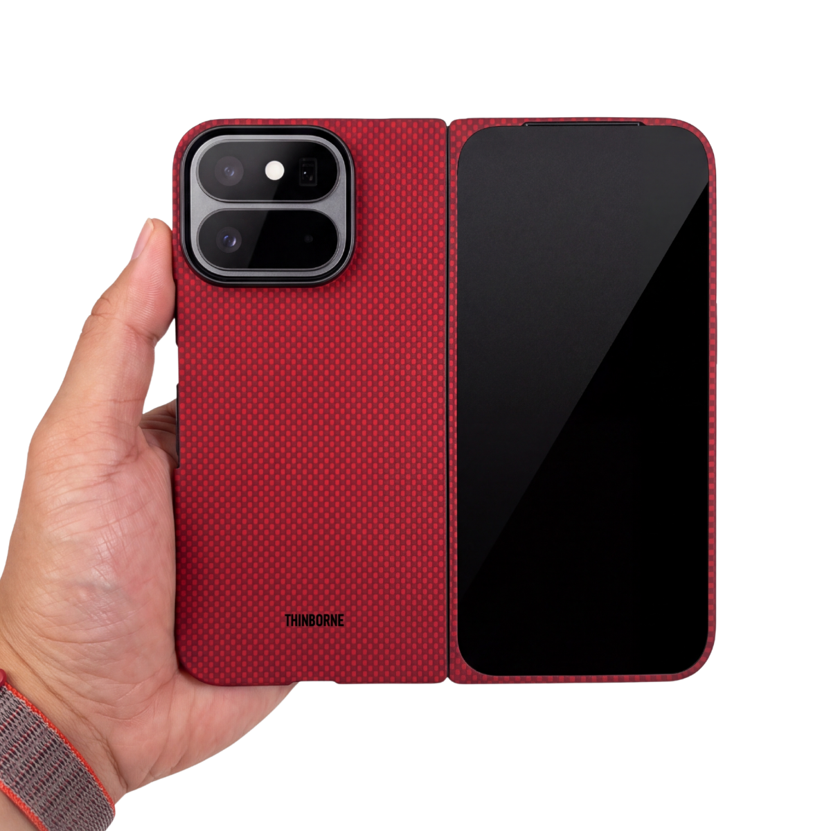 unfolded pixel 11 pro fold with aramid fiber case held by a man