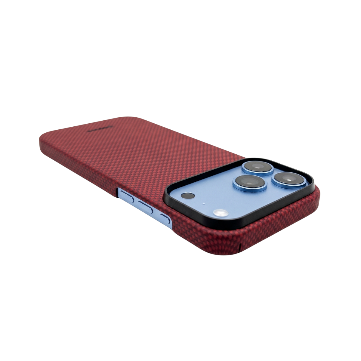 iphone 18 pro max with aramid fiber case laying on surface with screen facing down to show the button cutouts