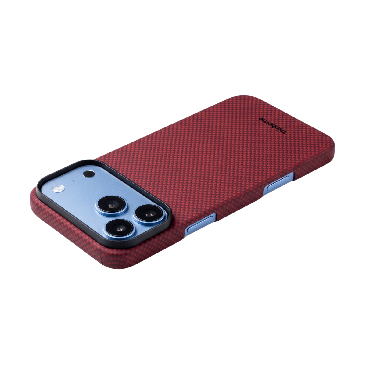 iphone 18 pro max with red aramid fiber case laying in the surface to show the side of the case