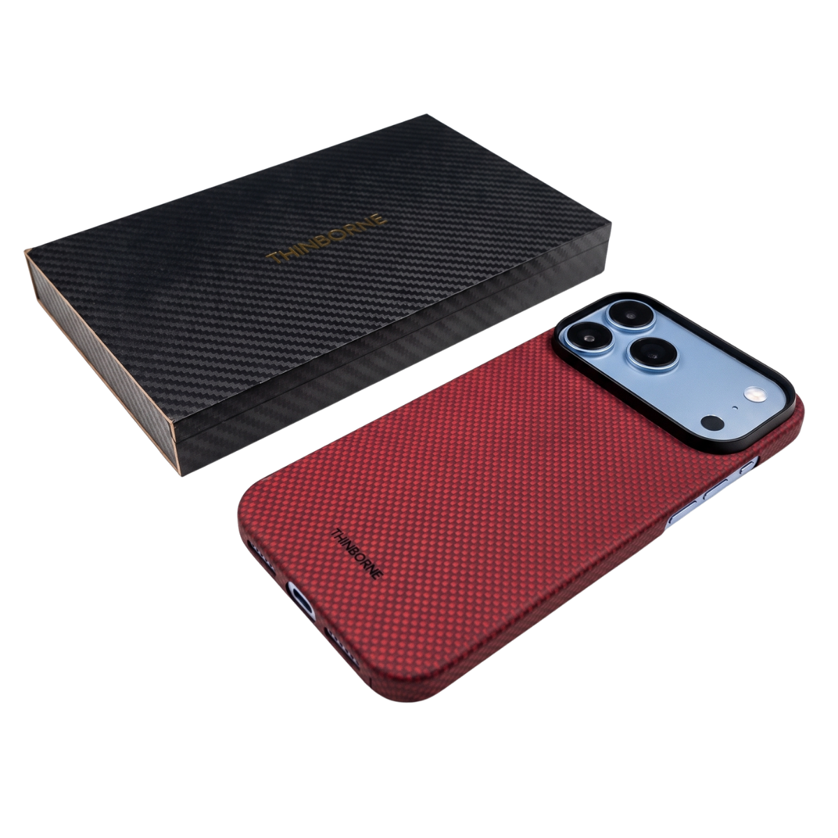 iphone 18 pro max with red aramid fiber case next to a box