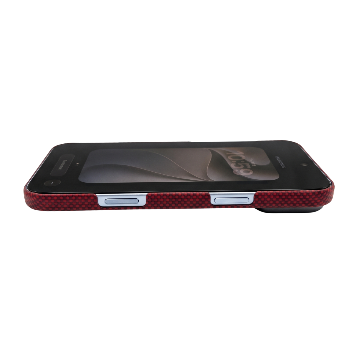 iphone 18 pro max with red aramid case laying on the surface with screen facing up to show the button cutouts