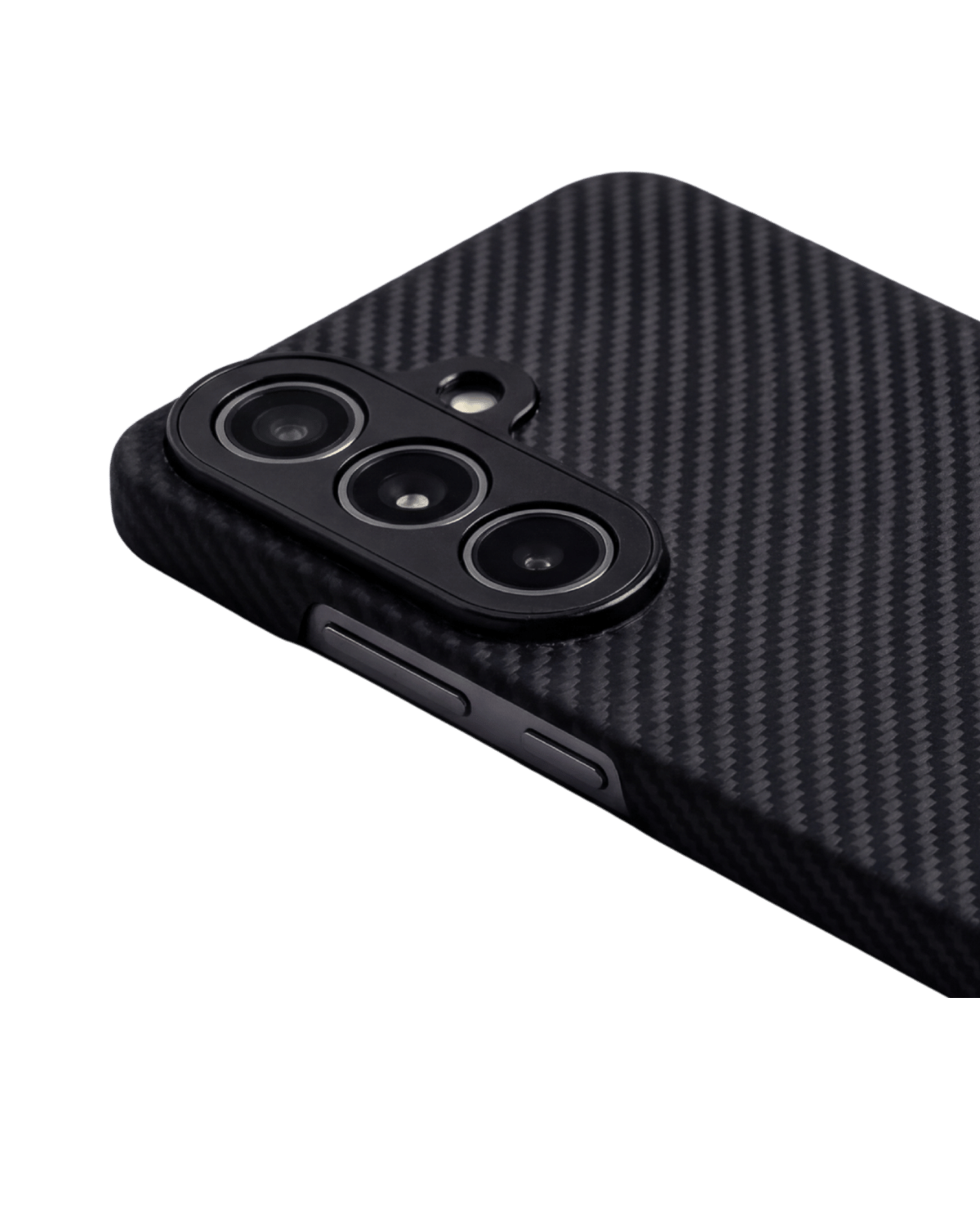 Black samsung galaxy s26 phone case with carbon fiber texture on a transparent background