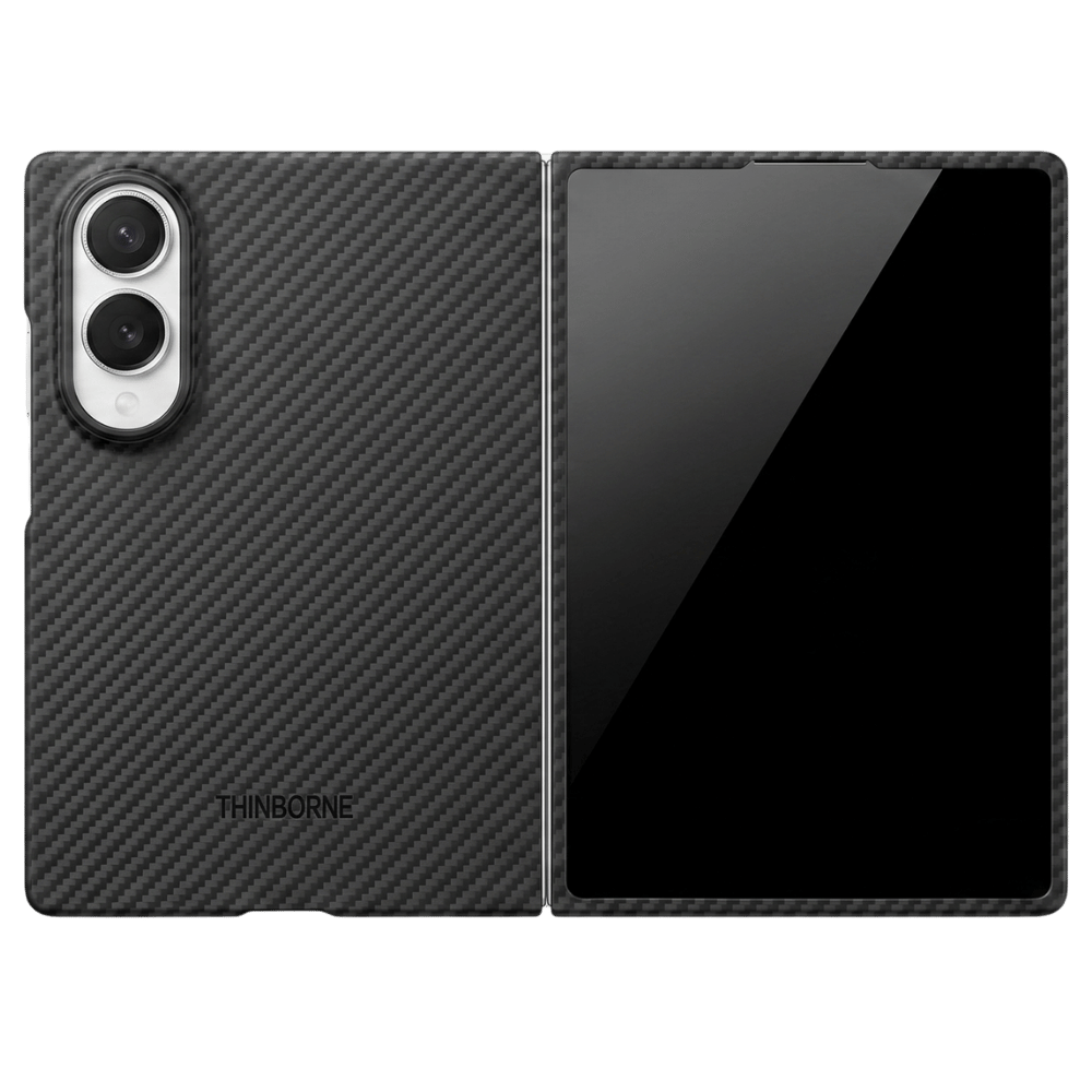A carbon fibe samsung galaxy z fold 8 phone case shown on a folded smartphone, displayed in front and back views side by side on a plain white background.