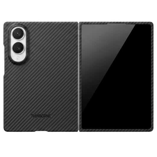 A carbon fibe samsung galaxy z fold 8 phone case shown on a folded smartphone, displayed in front and back views side by side on a plain white background.