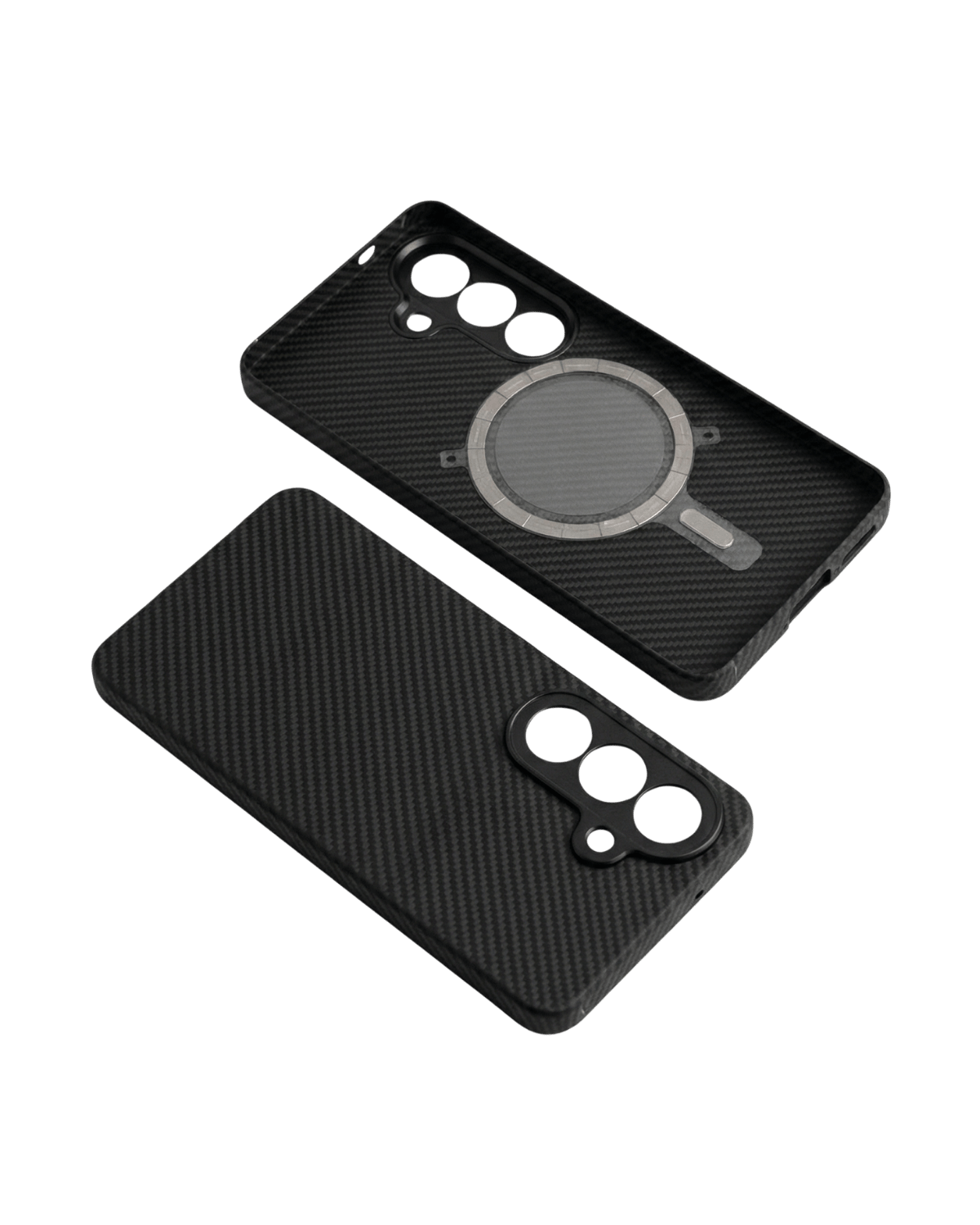 Black samsung s26 plus case with carbon fiber texture on a transparent background