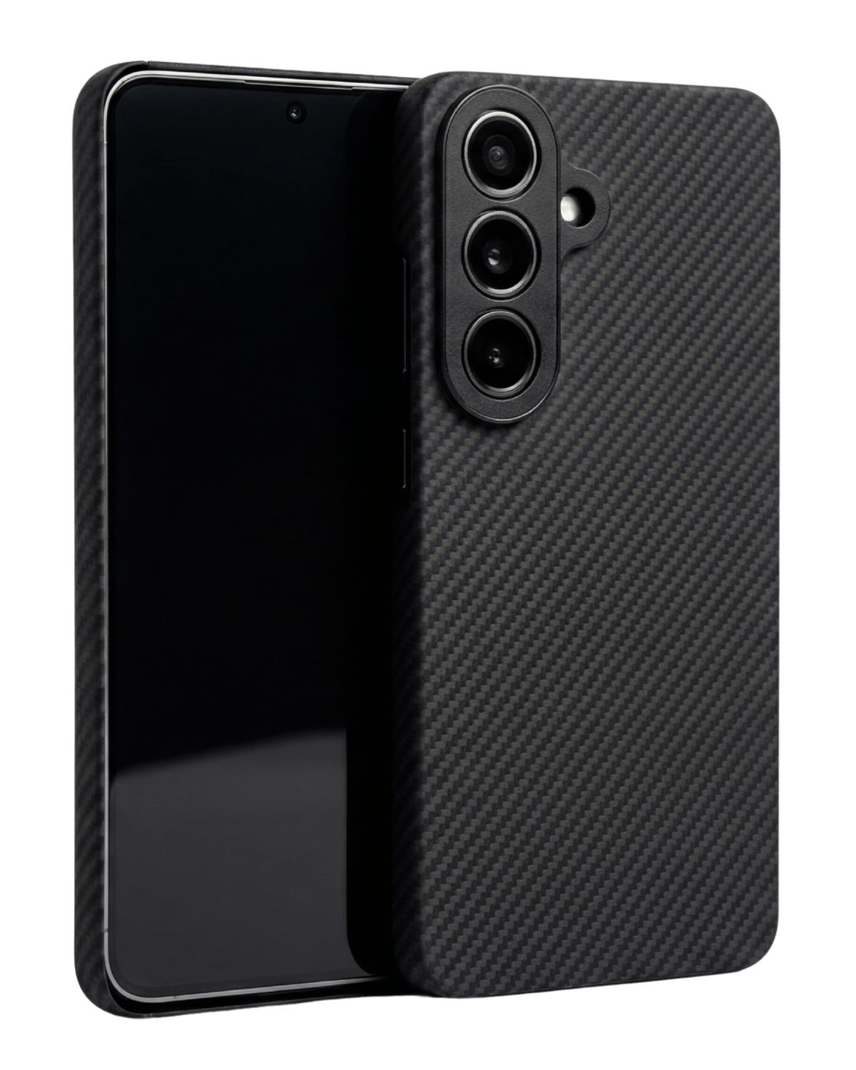 Black samsung galaxy s26 plus case with carbon fiber texture on a clear background