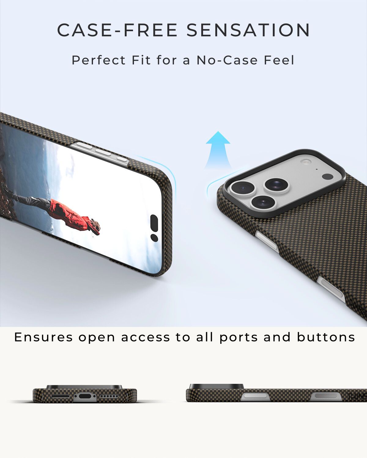 iphone 17 pro max  case with text 'Case-Free Sensation' and 'Perfect Fit for a No-Case Feel'.