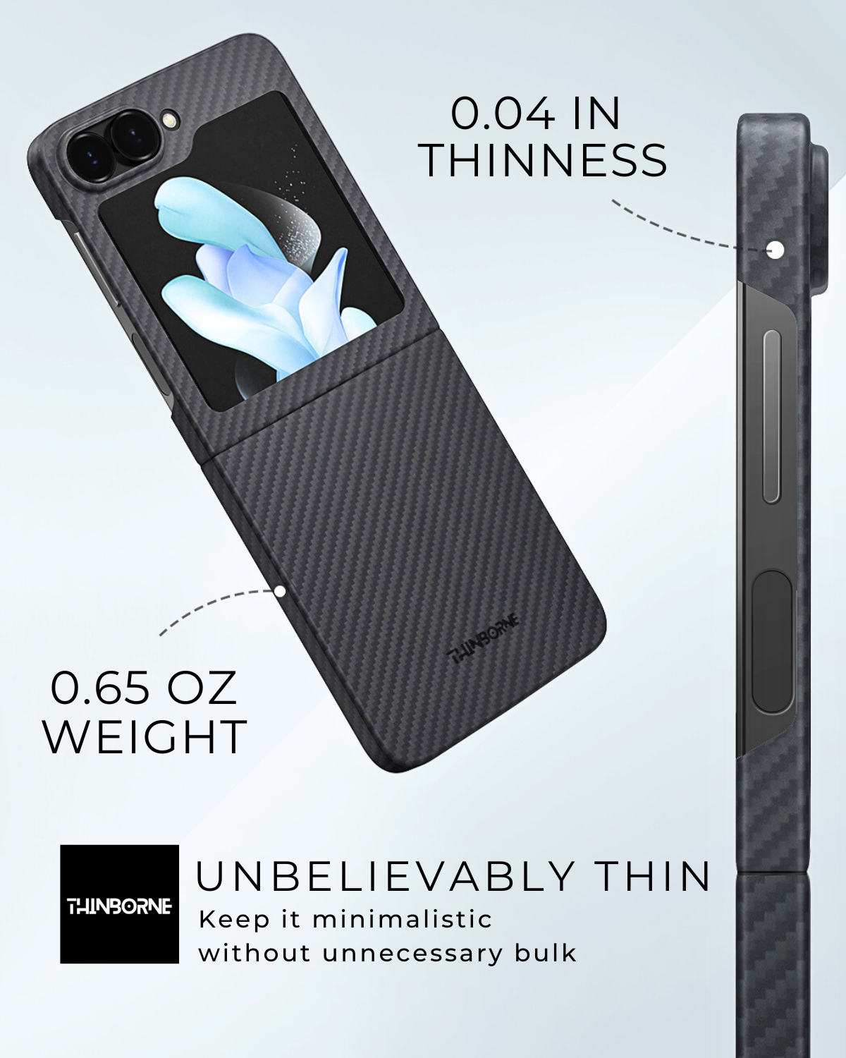 showing the galaxy z flip 6 slim case is only 0.04 inch thin and 0.65 OZ weight. it is a minimalist and lightweight case