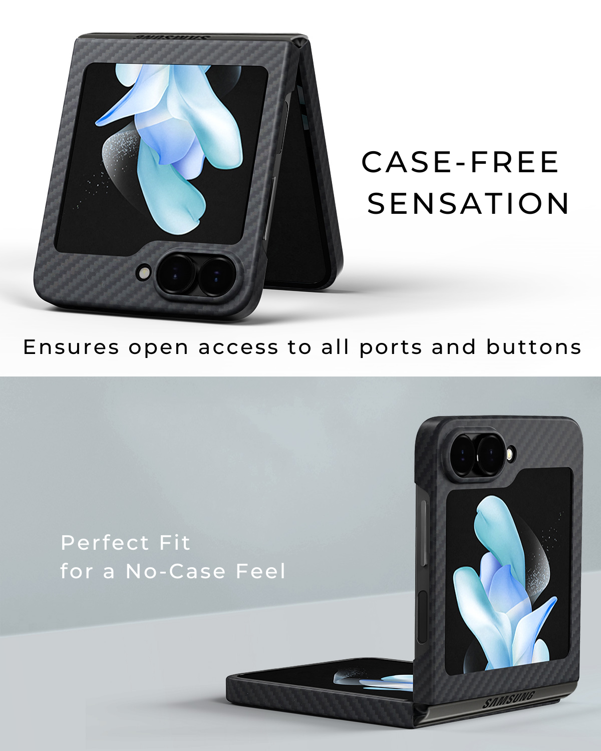 different angles of the minimal galaxy z flip 6 case to show the case free sensation
