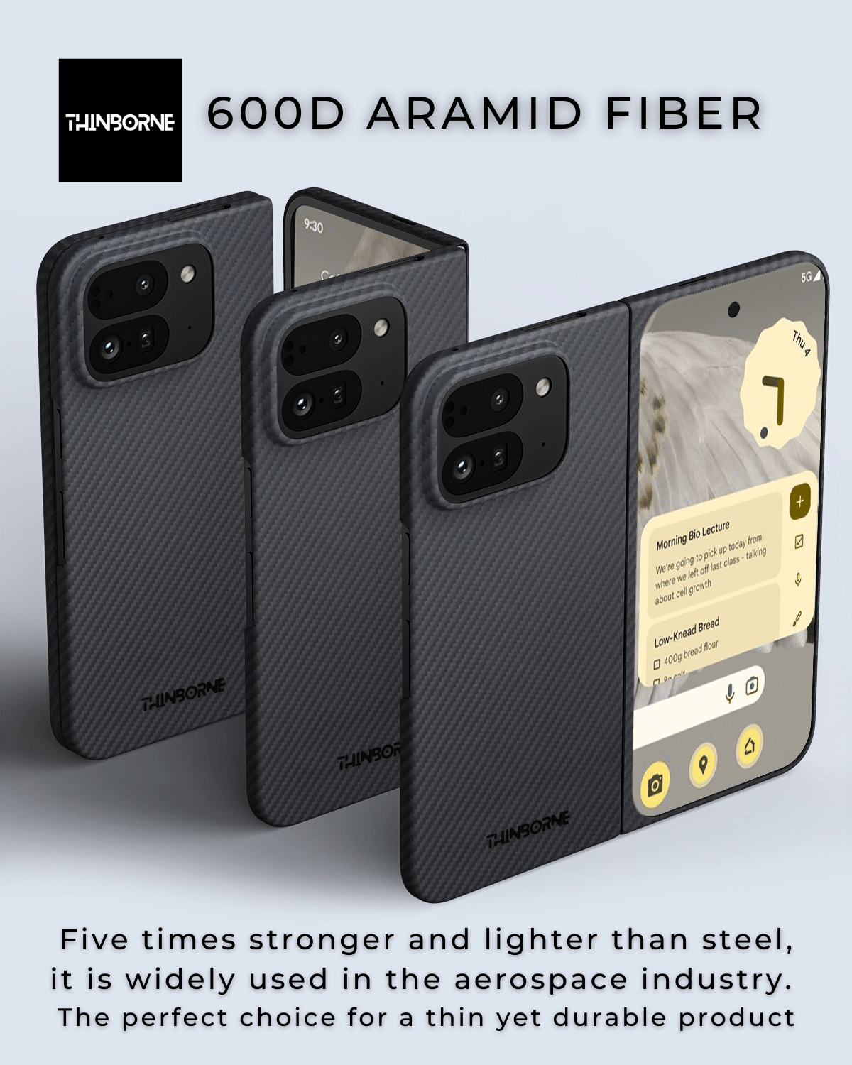 showing different angles of the aramid fiber pixel fold 2 case