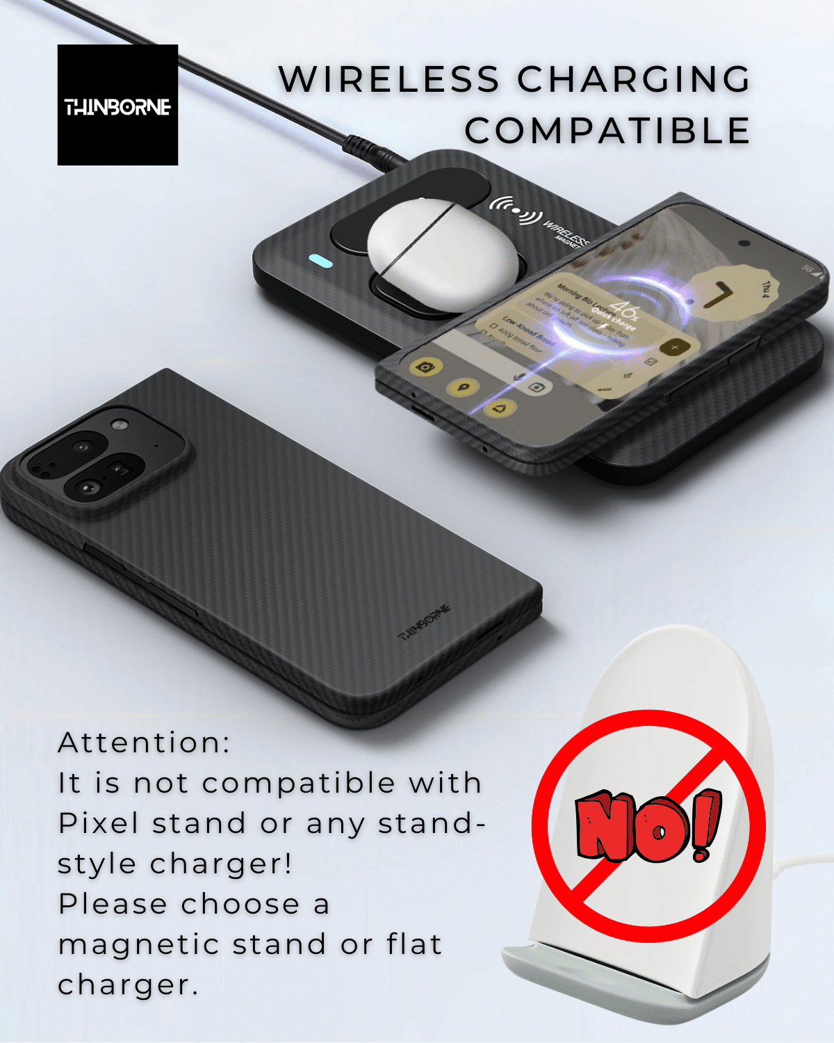 showing pixel fold 2 carbon fiber case is compatible with wireless charging.
