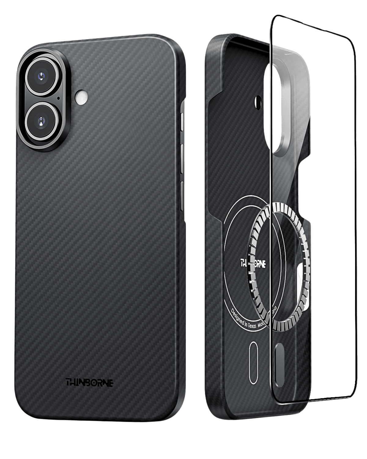 back and front view of iPhone 16 Plus thin case with a tempered glass screen protector
