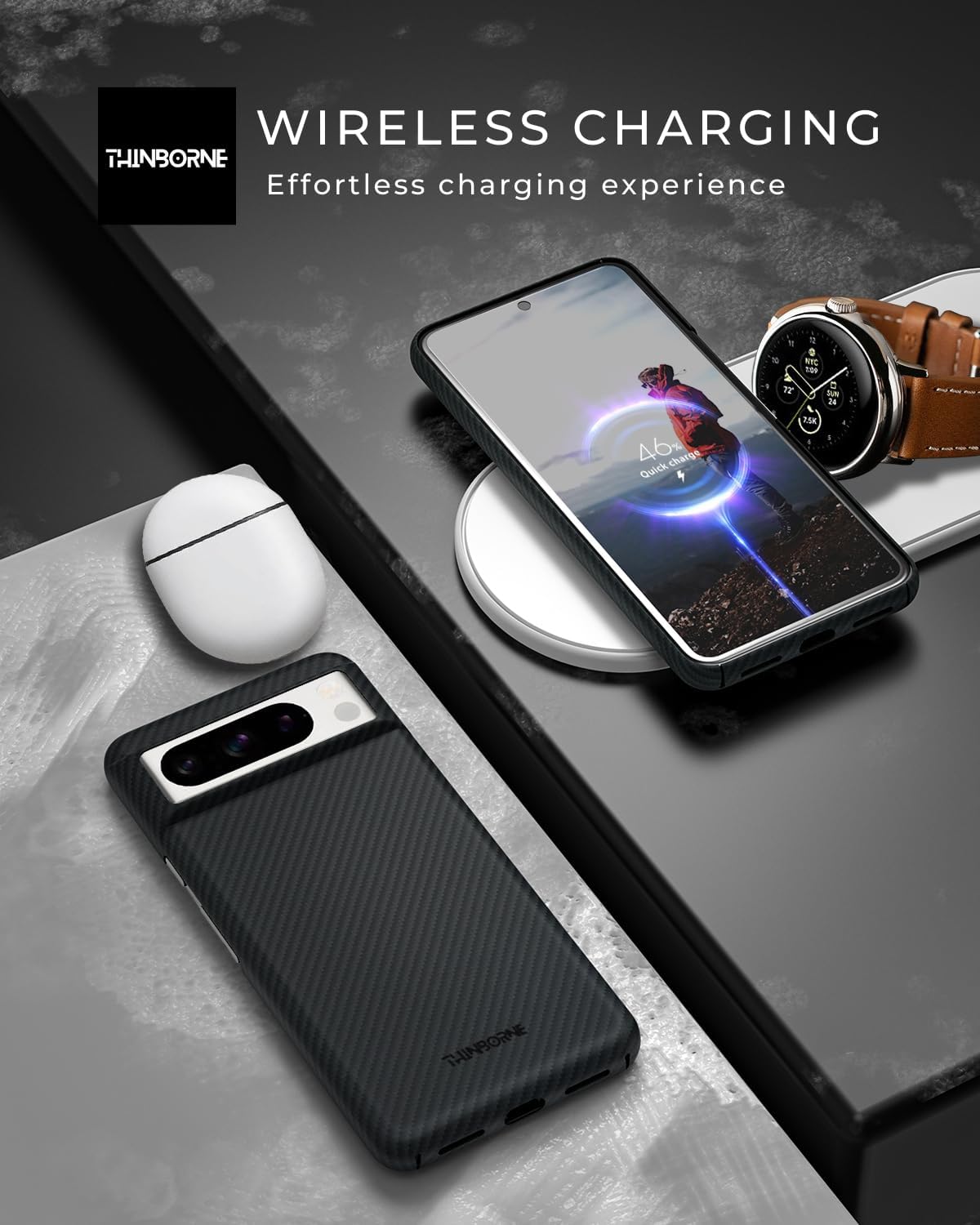 Custodia Per Google Pixel 8 Pro ELECTRO-WEIDEWORLD, Sottile In Silicone Morbido, Texture Carbonio, Antiurto, Bordi Rialzati, Nera