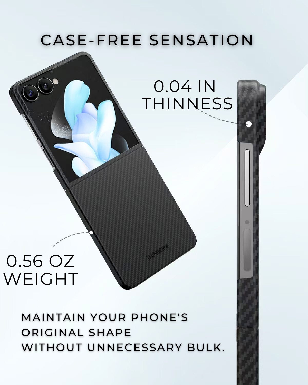 Side and back view of Galaxy Z Flip 7 case showing ultra-thin design at 0.04 inch and 0.56 oz.